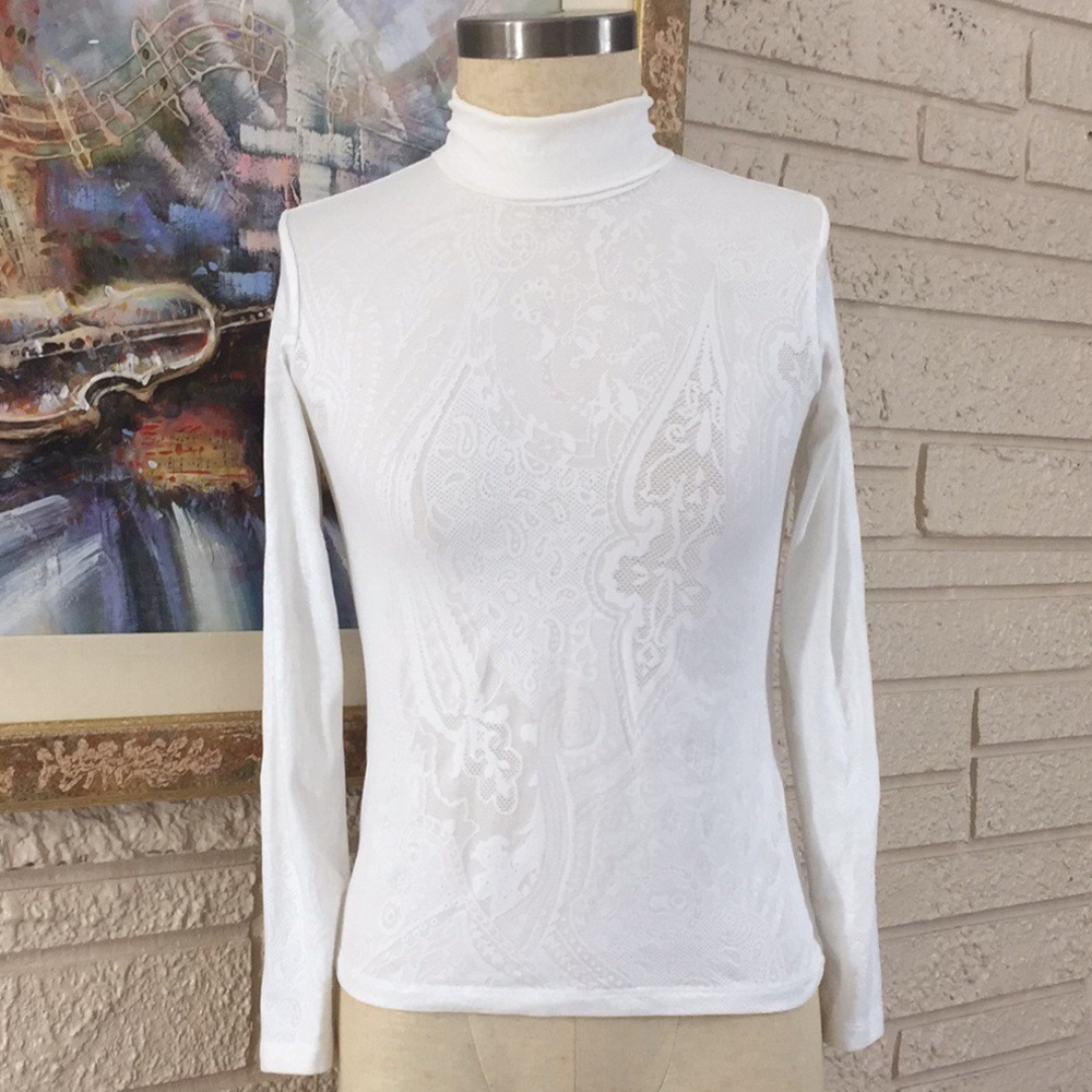 No Tags Stretch Lace Design Knit Turtleneck Top